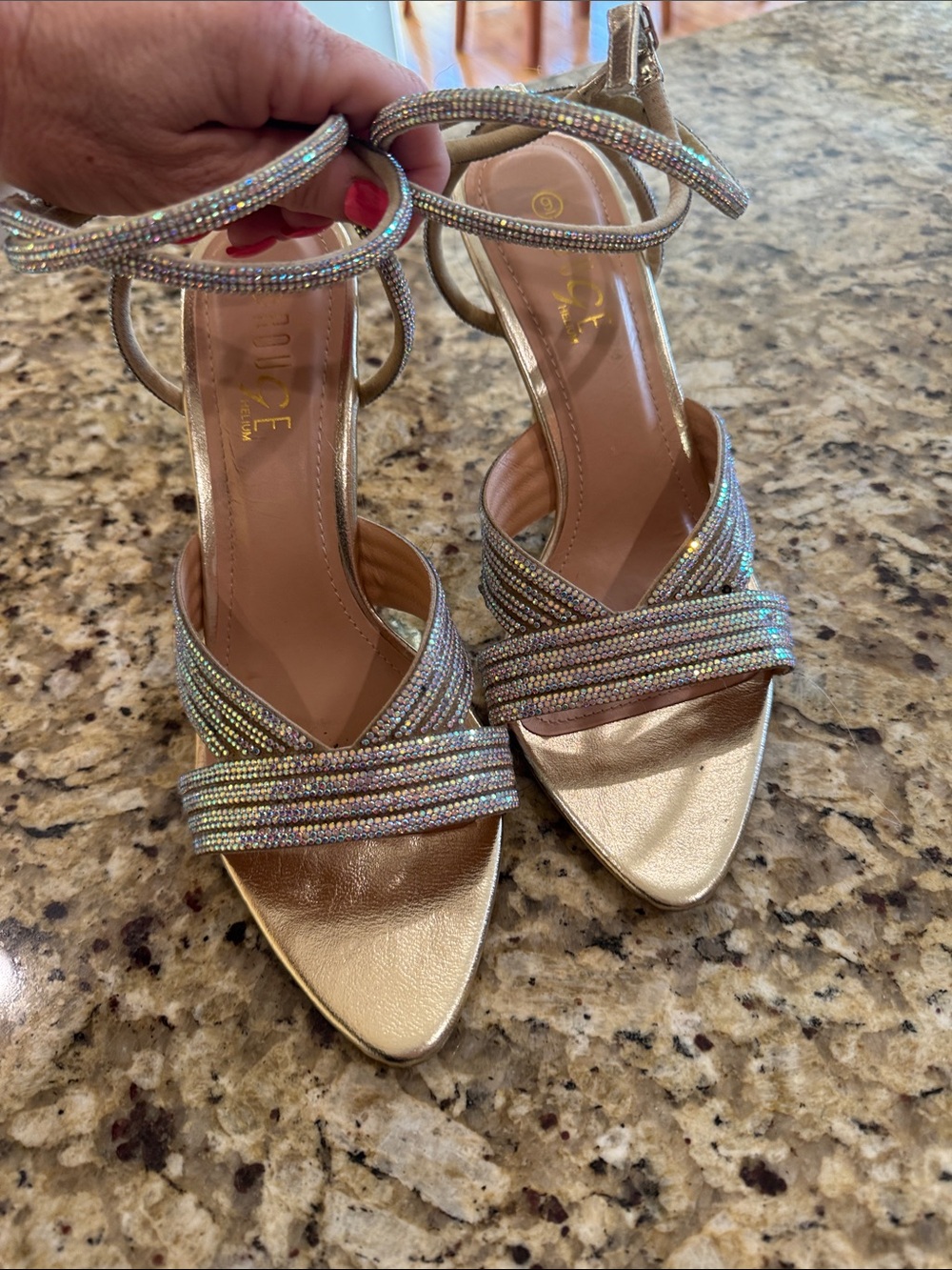 Rouge Helium Strappy Crystal Embellished Gold Women's Heels Size 9